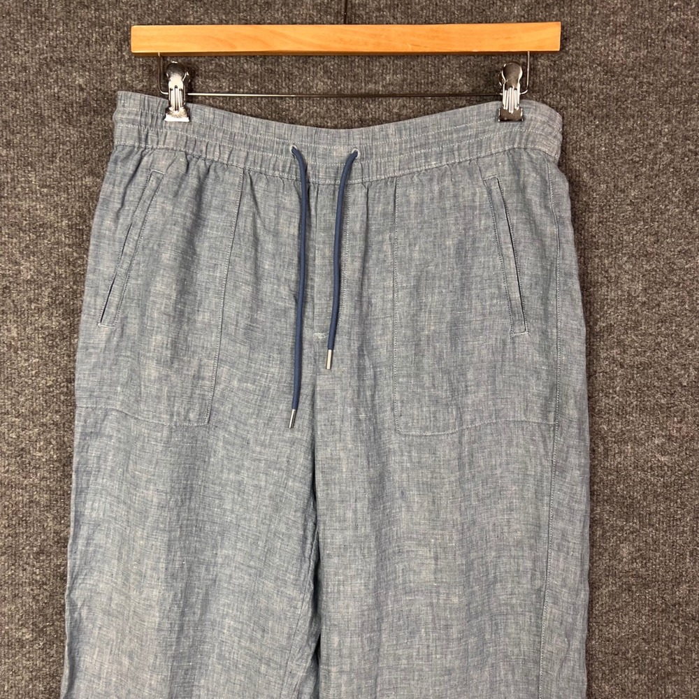 Athleta 100% Linen Pants 10 Blue Drawstring Elastic Waist Split - Picture 3 of 10